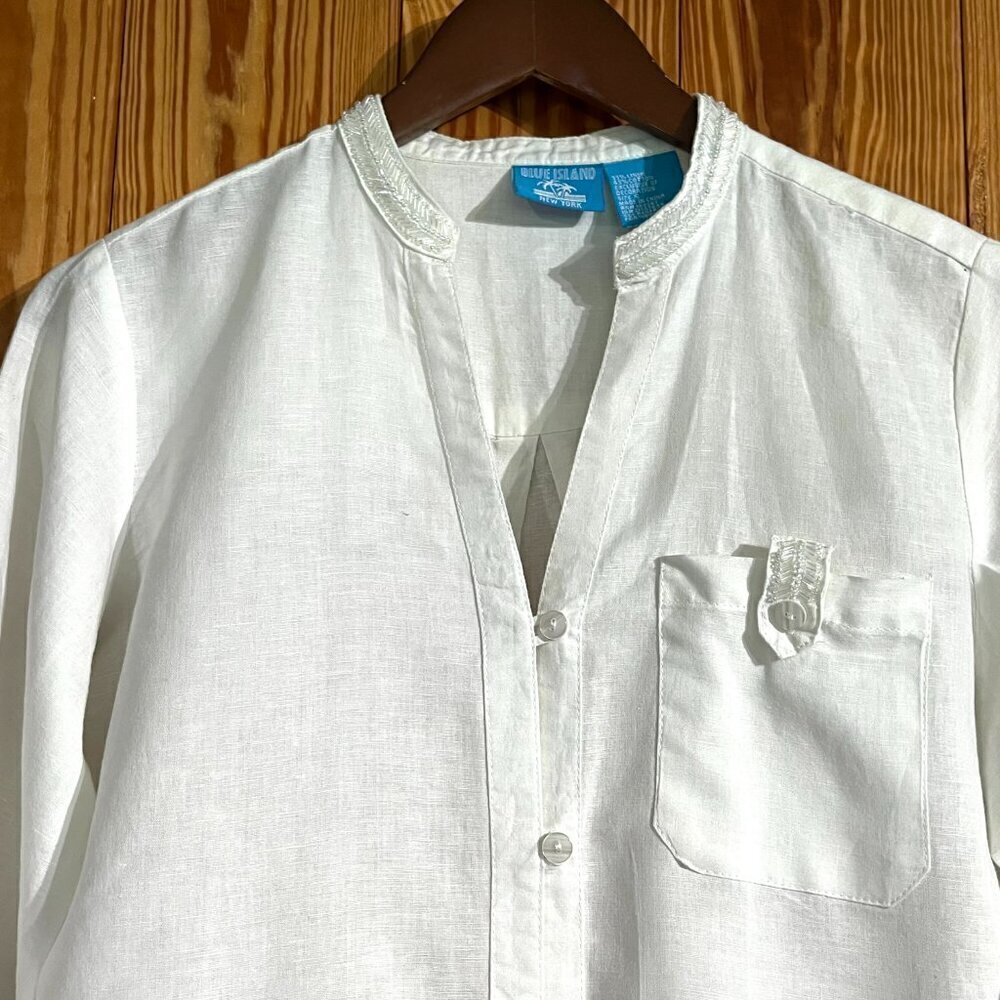 Linen Beaded Dress Roll Tab Sleeve Shirt Dress / Tunic / Minimalist / White